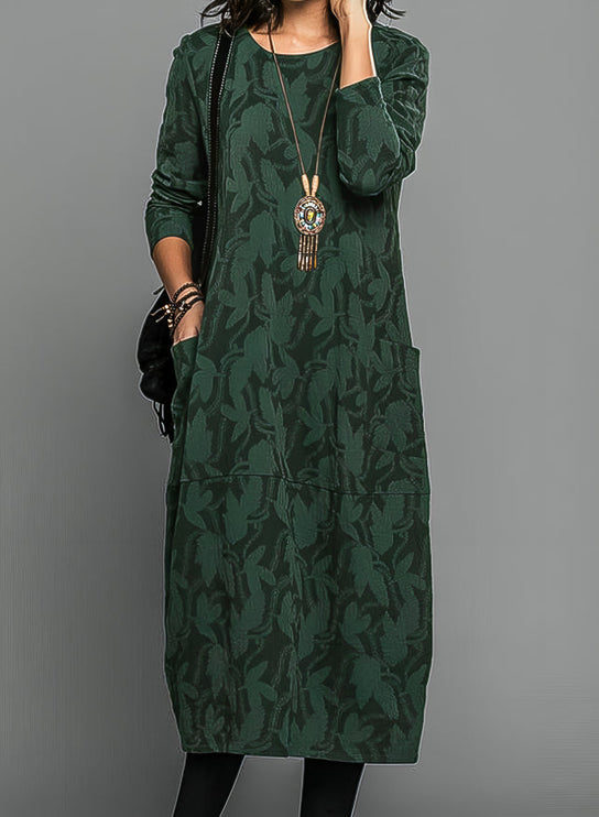 Women's Leaf Print Long Sleeve Midi Dress