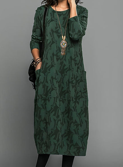 Women's Leaf Print Long Sleeve Midi Dress