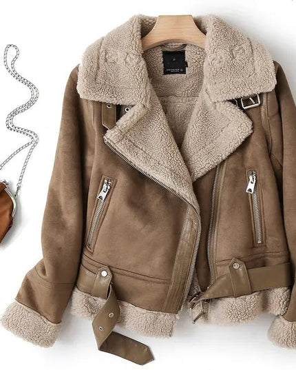 Women's Leather-Look Plush Lapel Aviator Jacket