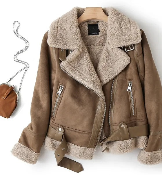 Women's Leather-Look Plush Lapel Aviator Jacket