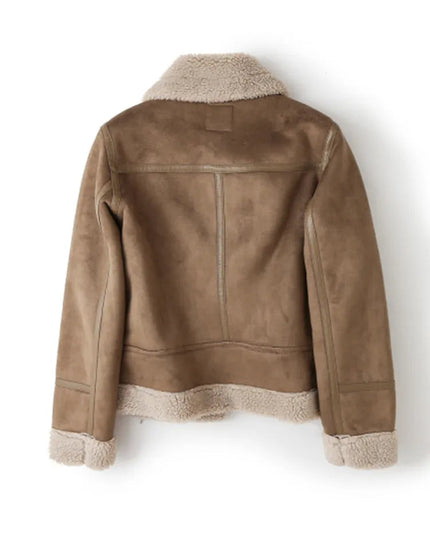 Women's Leather-Look Plush Lapel Aviator Jacket