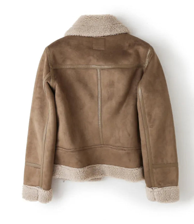 Women's Leather-Look Plush Lapel Aviator Jacket