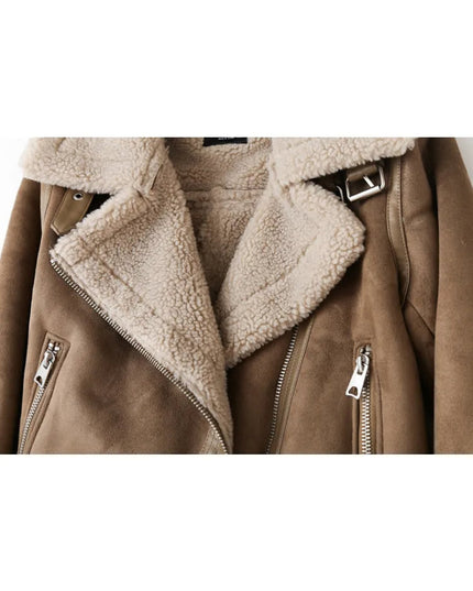 Women's Leather-Look Plush Lapel Aviator Jacket