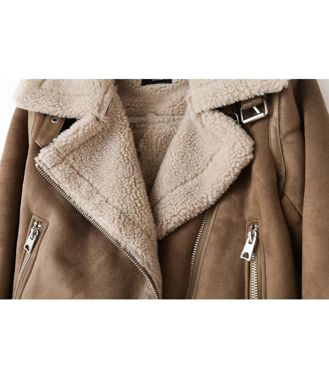 Women's Leather-Look Plush Lapel Aviator Jacket