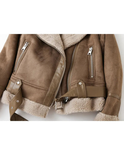 Women's Leather-Look Plush Lapel Aviator Jacket