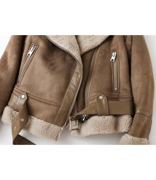 Women's Leather-Look Plush Lapel Aviator Jacket