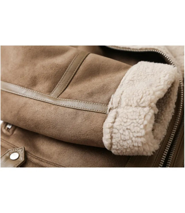Women's Leather-Look Plush Lapel Aviator Jacket