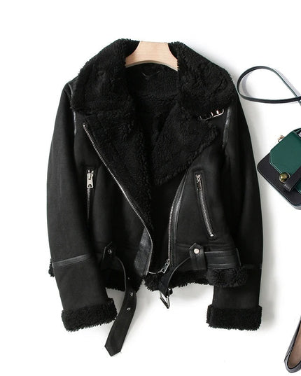 Women's Leather-Look Plush Lapel Aviator Jacket