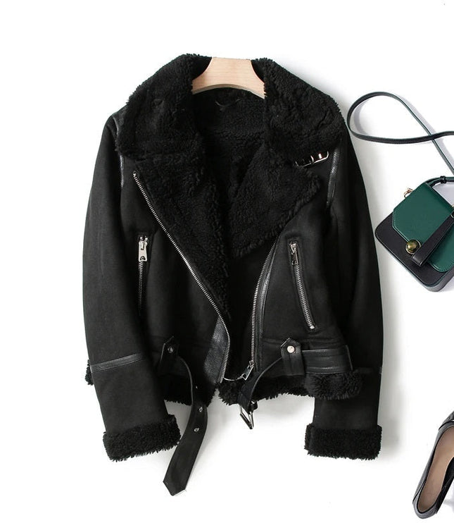 Women's Leather-Look Plush Lapel Aviator Jacket