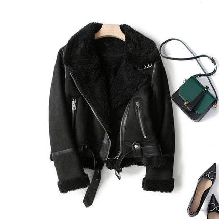 Women's Leather-Look Plush Lapel Aviator Jacket