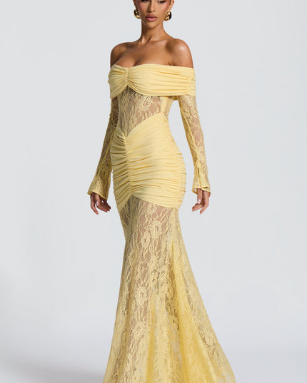 Vestido maxi para mujer con mangas largas acampanadas y fruncido en color limón