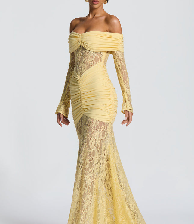 Vestido maxi para mujer con mangas largas acampanadas y fruncido en color limón