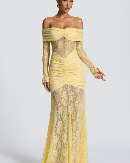 Vestido maxi para mujer con mangas largas acampanadas y fruncido en color limón