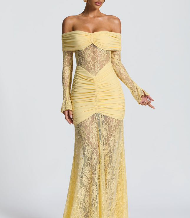 Vestido maxi para mujer con mangas largas acampanadas y fruncido en color limón