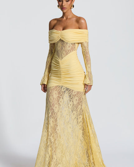 Vestido maxi para mujer con mangas largas acampanadas y fruncido en color limón