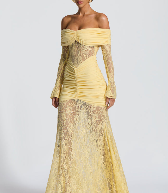 Vestido maxi para mujer con mangas largas acampanadas y fruncido en color limón