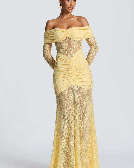 Vestido maxi para mujer con mangas largas acampanadas y fruncido en color limón
