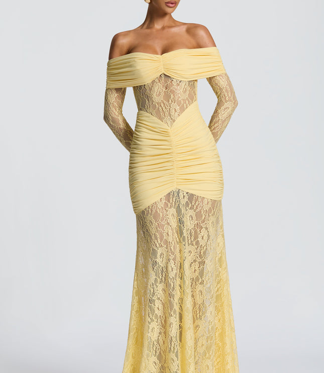 Vestido maxi para mujer con mangas largas acampanadas y fruncido en color limón