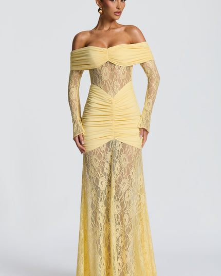 Vestido maxi para mujer con mangas largas acampanadas y fruncido en color limón