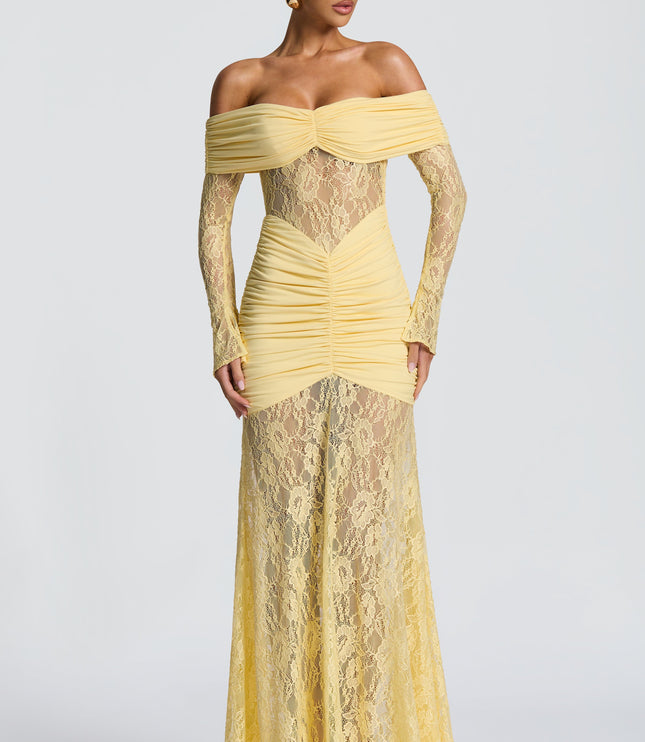 Vestido maxi para mujer con mangas largas acampanadas y fruncido en color limón