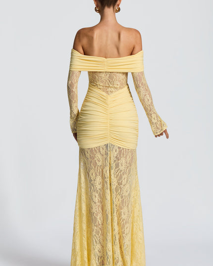 Vestido maxi para mujer con mangas largas acampanadas y fruncido en color limón