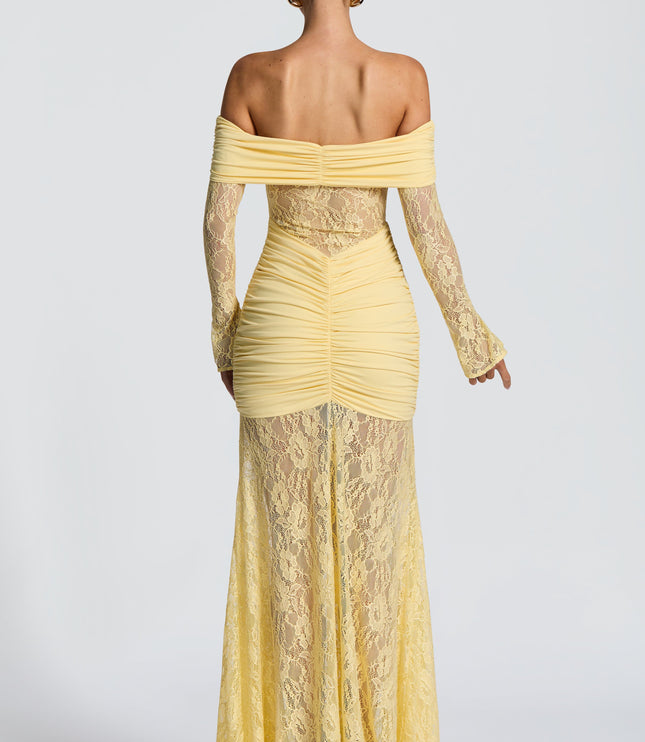 Vestido maxi para mujer con mangas largas acampanadas y fruncido en color limón
