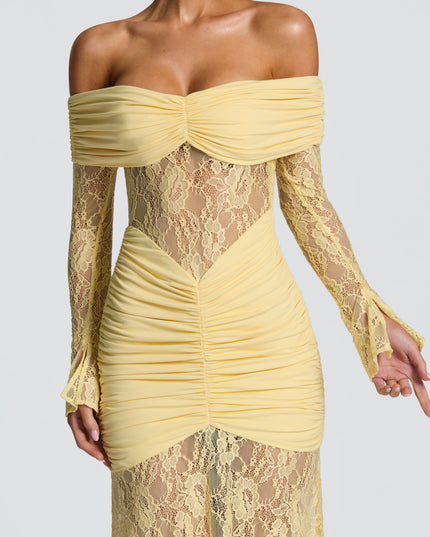 Vestido maxi para mujer con mangas largas acampanadas y fruncido en color limón