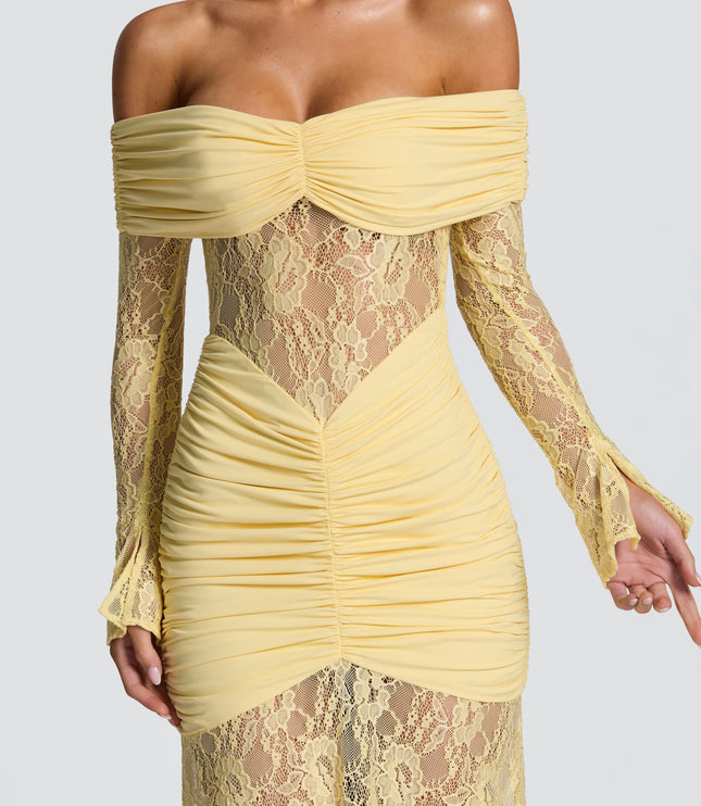 Vestido maxi para mujer con mangas largas acampanadas y fruncido en color limón