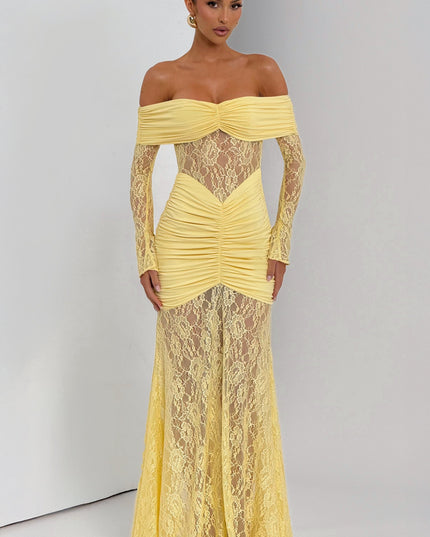 Vestido maxi para mujer con mangas largas acampanadas y fruncido en color limón