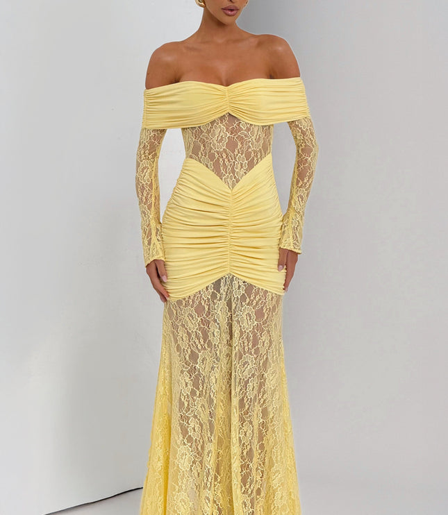 Vestido maxi para mujer con mangas largas acampanadas y fruncido en color limón