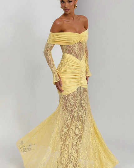 Vestido maxi para mujer con mangas largas acampanadas y fruncido en color limón
