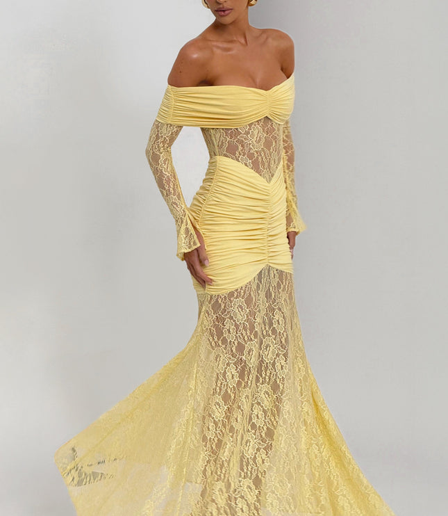 Vestido maxi para mujer con mangas largas acampanadas y fruncido en color limón