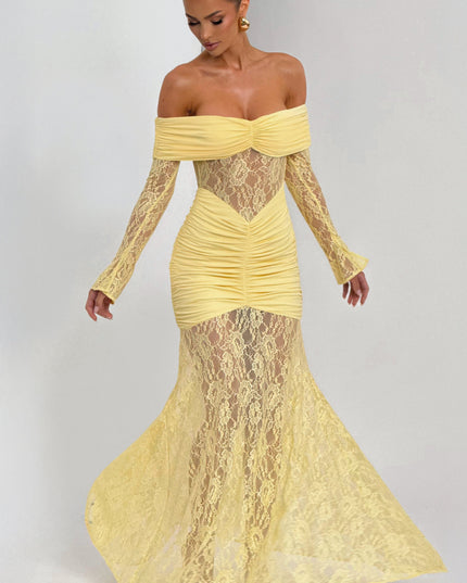 Vestido maxi para mujer con mangas largas acampanadas y fruncido en color limón