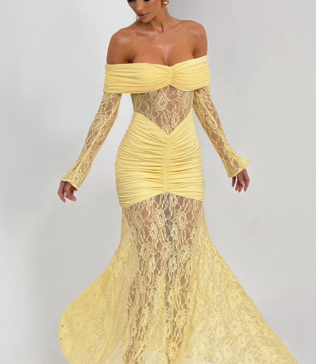 Vestido maxi para mujer con mangas largas acampanadas y fruncido en color limón