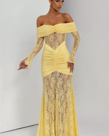 Vestido maxi para mujer con mangas largas acampanadas y fruncido en color limón