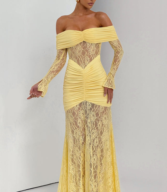 Vestido maxi para mujer con mangas largas acampanadas y fruncido en color limón