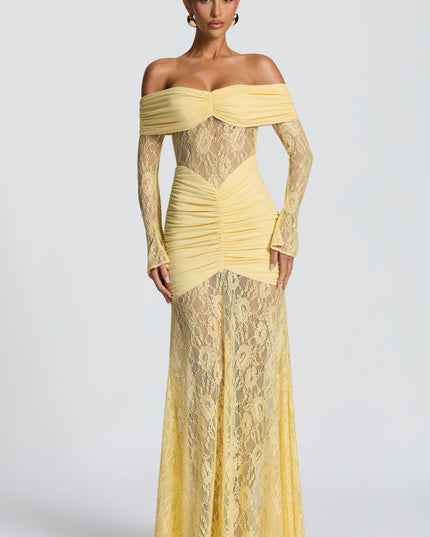 Vestido maxi para mujer con mangas largas acampanadas y fruncido en color limón