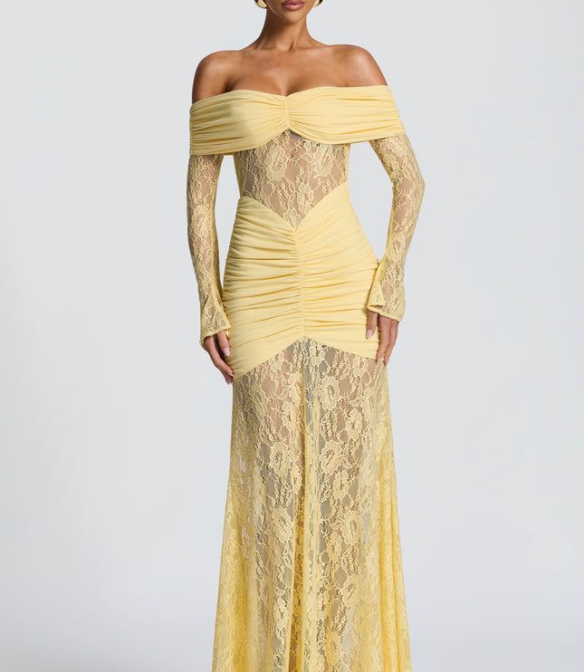 Vestido maxi para mujer con mangas largas acampanadas y fruncido en color limón