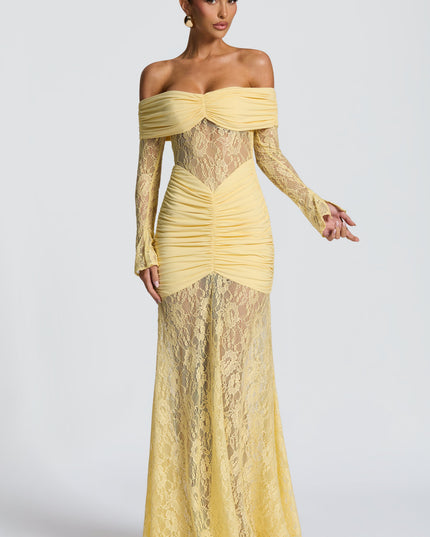 Vestido maxi para mujer con mangas largas acampanadas y fruncido en color limón