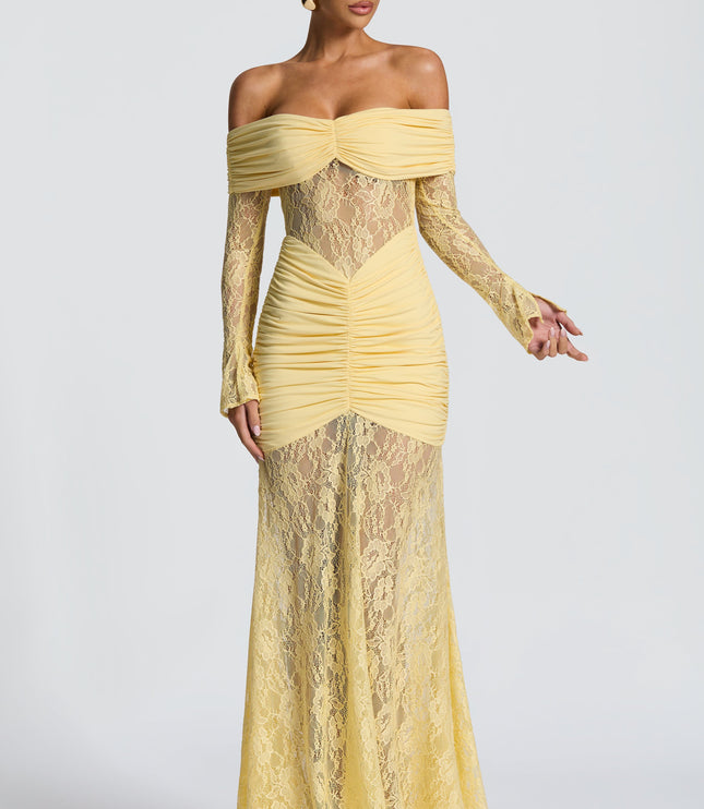 Vestido maxi para mujer con mangas largas acampanadas y fruncido en color limón