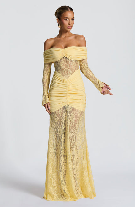 Vestido maxi para mujer con mangas largas acampanadas y fruncido en color limón
