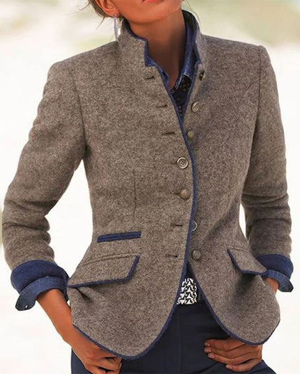 Blazer pour femme en laine gris avec détails élégants et poignets contrastants