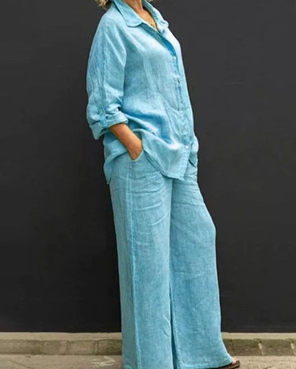 Light blue linen button down shirt with matching wide leg pants, relaxed oversized silhouette