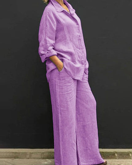 Purple linen button down shirt with wide leg pants, oversized fit with rolled sleeves