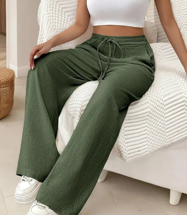 Dark green women's linen wide leg pants with high waist, drawstring front, and casual fit