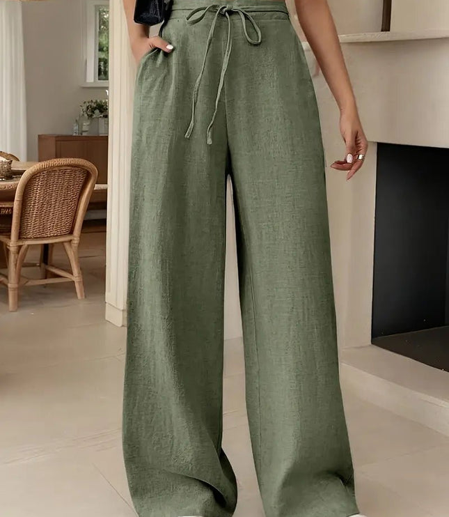 Olive green women's linen wide leg high waisted pants with drawstring waist and relaxed fit