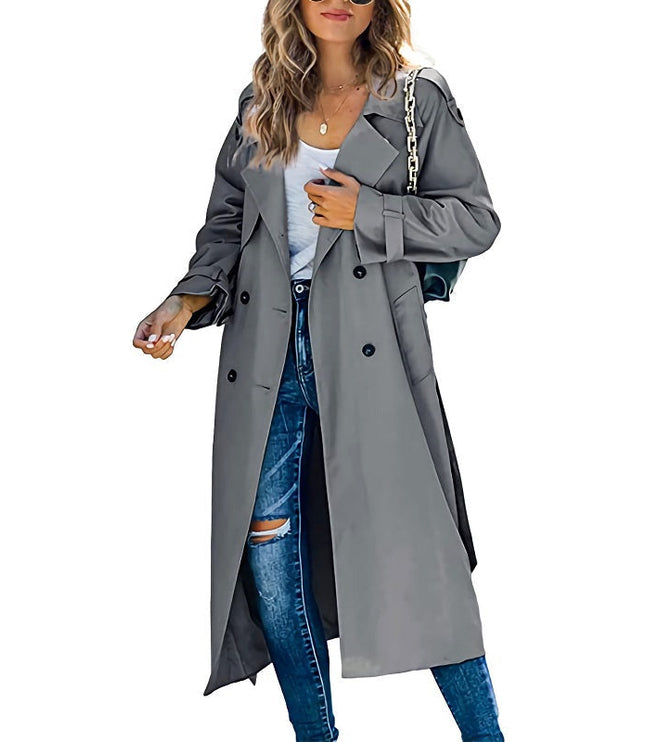 Women's Long Broad Lapel Double Breasted Trench Coat