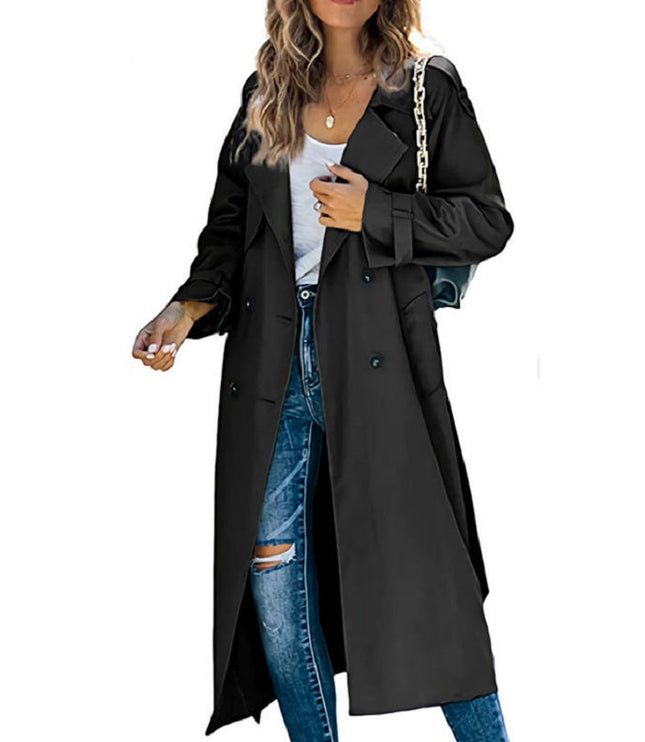 Women's Long Broad Lapel Double Breasted Trench Coat