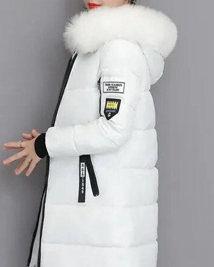 Wintermantel Damen Langer Parka Pelzkragen Kapuze Wattiert - Weiß