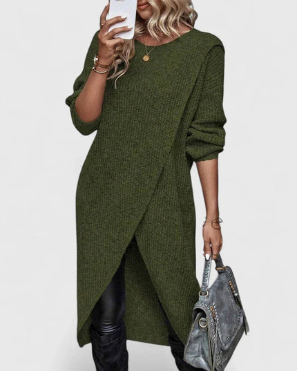 Women's Long-Sleeve Asymmetric Hem Knit Sweater Dress - Green